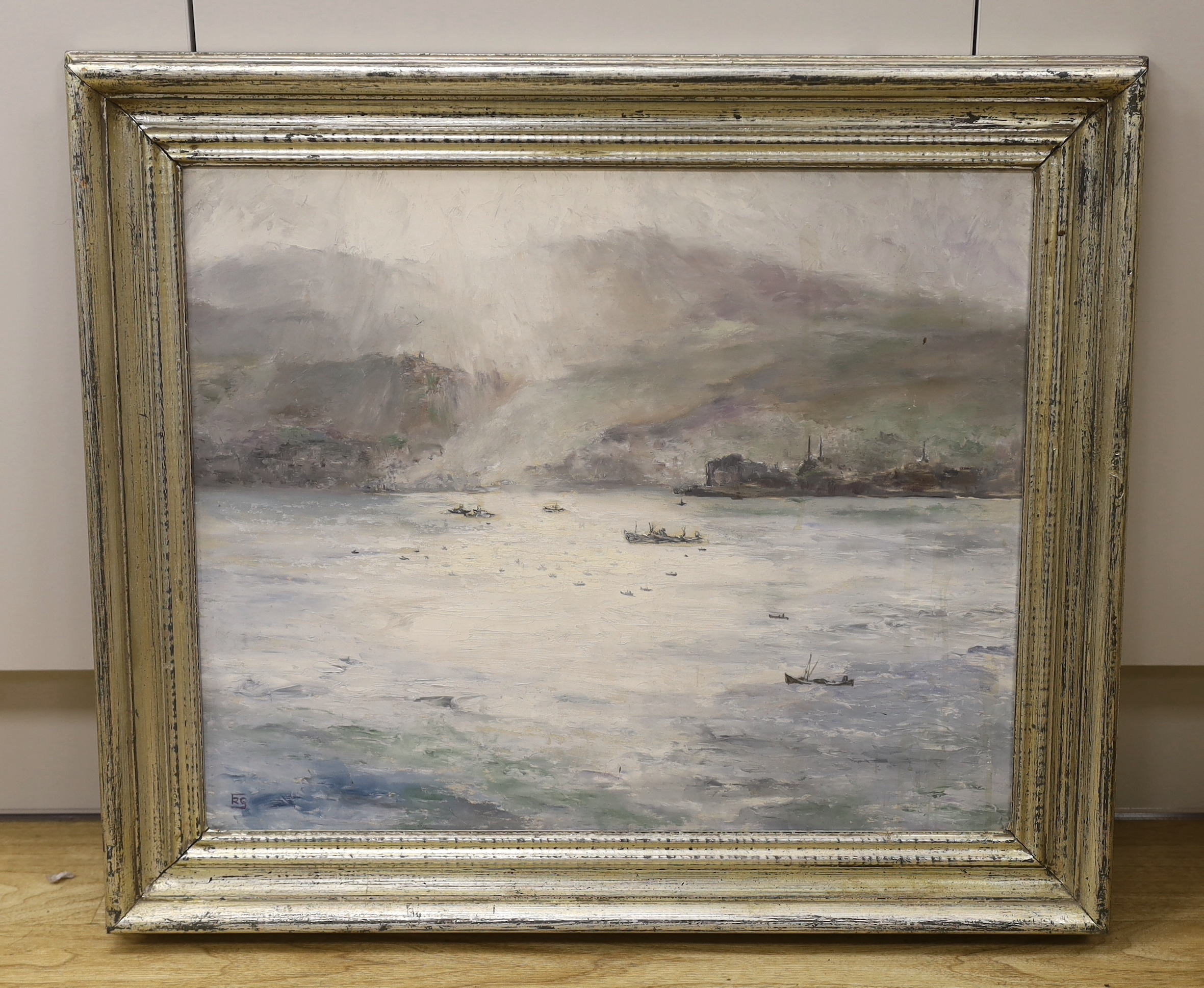 R Green, Impressionist oil on board, Seascape with boats before mountains, monogrammed, inscribed verso, 45 x 54cm